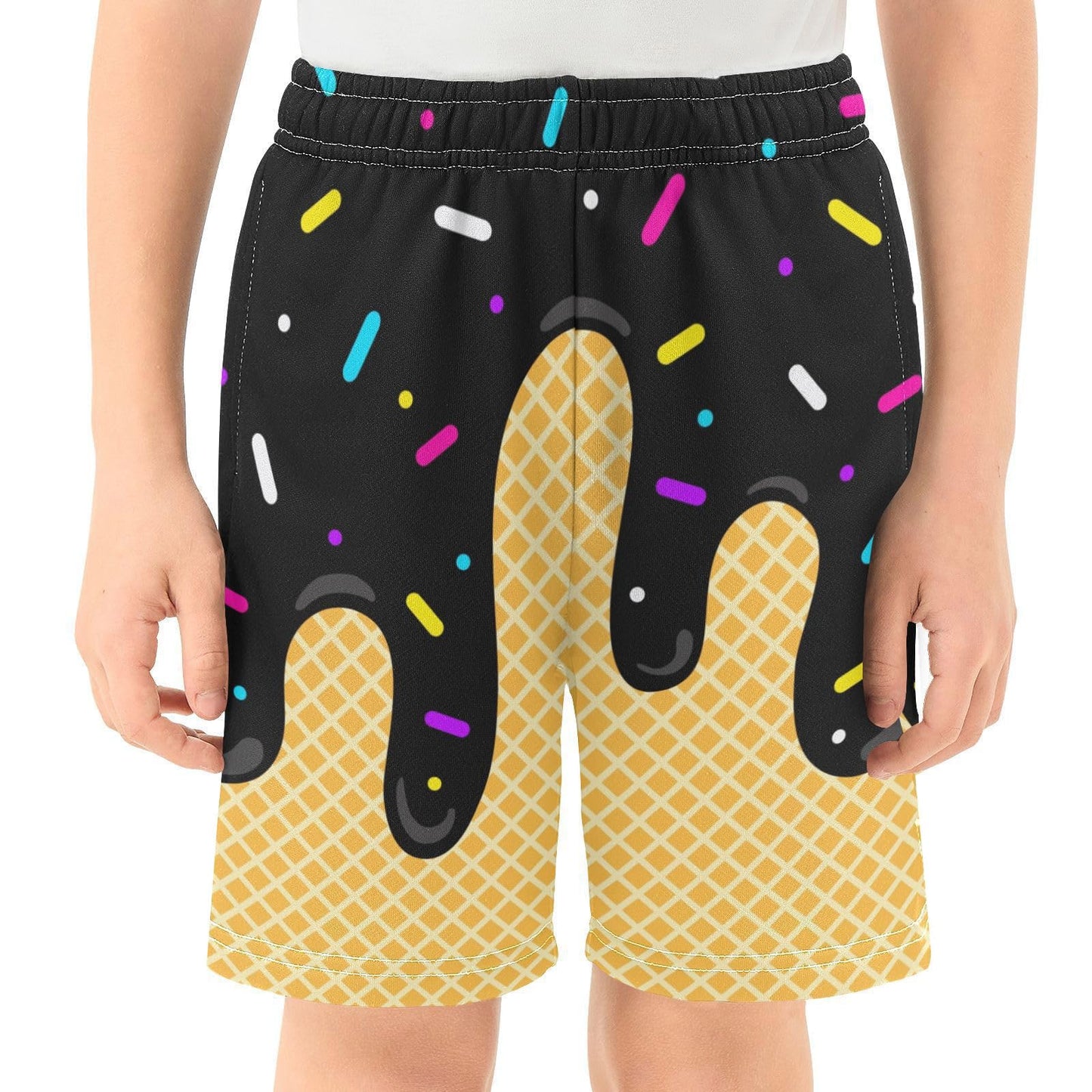 Ice Cream Boys Casual Shorts Athletic Gym Drip Baseball Shorts Elastic Waist with Pockets, Summer Sports Outdoor Home Wear Black 11-12 Years
