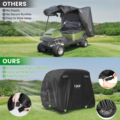 10L0L 2/4/4+2 Passenger Golf Cart Cover Fits for Yamaha EZGO Club Car, 420D Waterproof Durable Polyester Golf Cart Cover with Three Zipper Doors Windproof Sunproof - Black