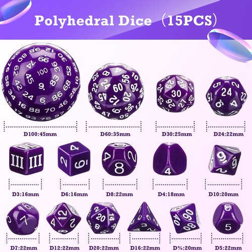 Civaner 15 Pcs Complete Polyhedral Dice Set D3-D100 Spherical RPG Dice Set in Opaque Black, 100 Sides for Role Playing Table Games Party Supplies(Purple and White)