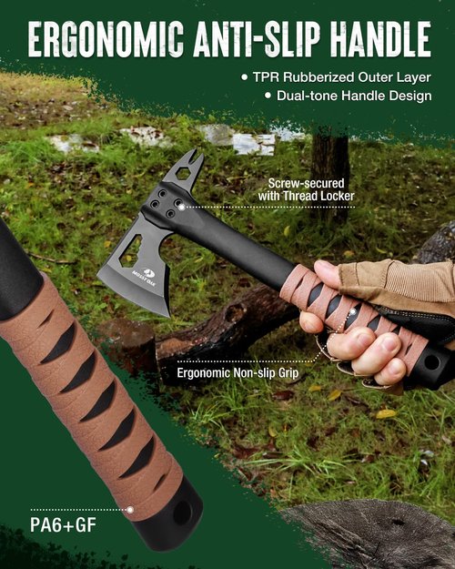 MOSSY OAK 12" Camping Axe and Survival Hatchet with Sheath, Compact Outdoor Multitool Hatchet with Hex Wrench Slots, Non-Slip Dual-Color Handle, Small Camping Gear for Hiking, Chopping, Hunting
