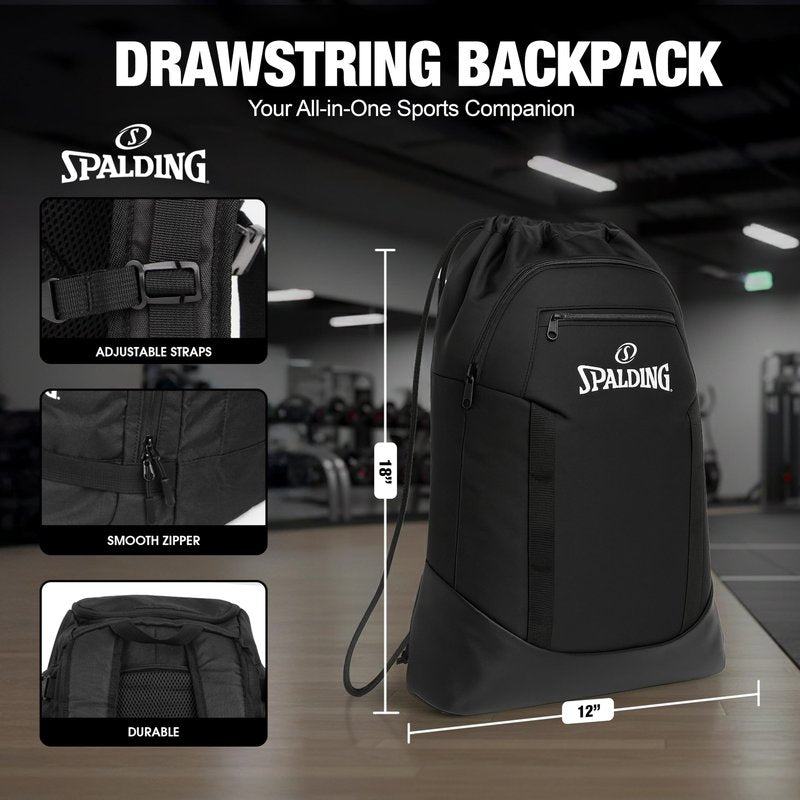 Spalding Drawstring Backpack Sports Bag, Black Waterproof Gym Bag Cinch Sack with Separate Shoe and Ball Holder, for Travel, Basketball, Sports, 4 Pack