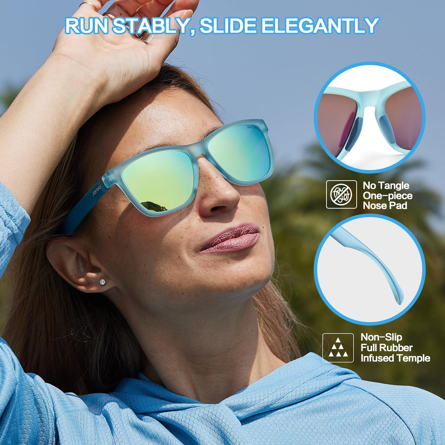 Jefoo Polarized Sports Sunglasses for Women Men Running Retro Trendy Sun Glasses UV400 Protection Tangle Free