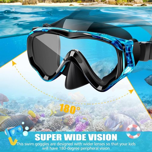 HIKOTEY Snorkeling Set for Kids, Full Dry Snorkeling Mask Set for Adults, Anti-Fog Protection, Unisex,HD Panoramic View, Snorkeling Gear for Kids 4-14 Age (Blue+Black)