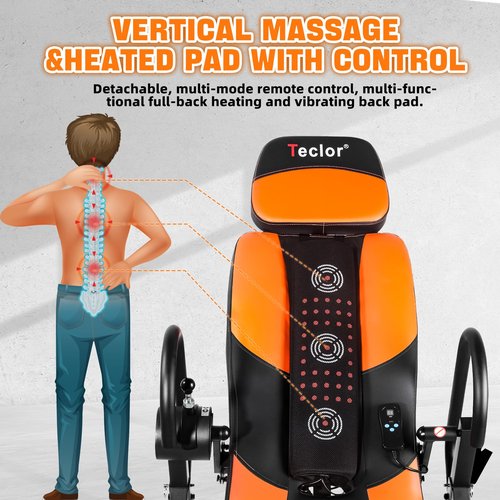 Teclor Advanced Heat and Massage Strength Training Inversion Table for Back Pain Relief,Heavy Duty Inversion Table 350 lbs Capacity with Wider and Thickened Backrest, Orange/Black