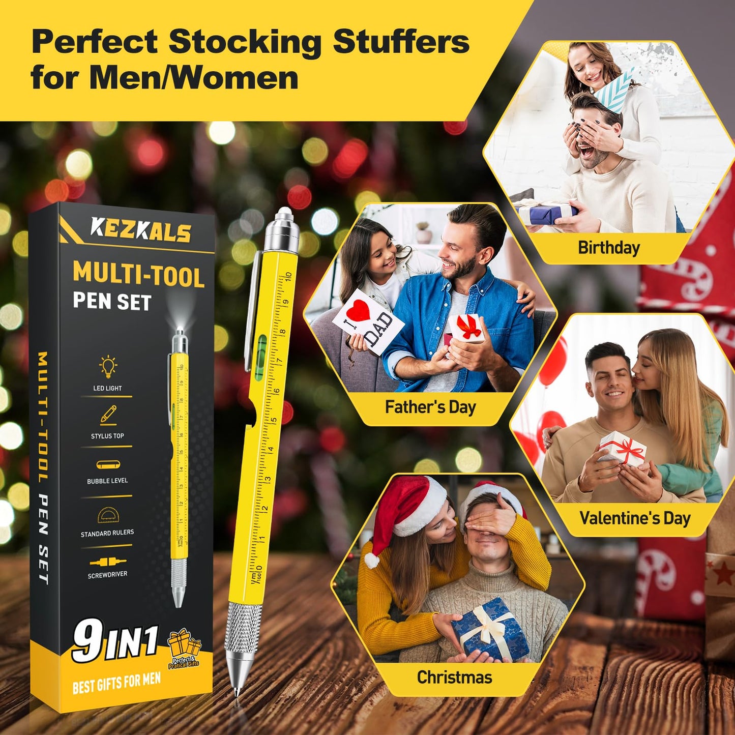 KEZKALS Gifts for Men, 9 in 1 Multitool Pen, Birthday Gifts for Men, Mens Gifts for Dad Him Husband, Anniversary Graduation Teacher Gifts for Mens Who Have Everything, Cool Gadgets Tools