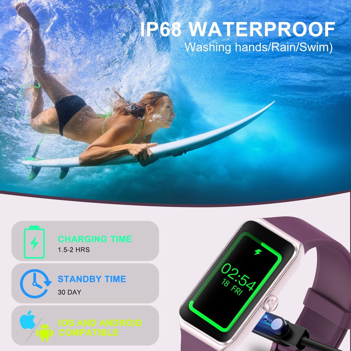 Bakoor Fitness Tracker, Fitness Watch with 24/7 Heart Rate, Blood Oxygen Blood Pressure, Step Counter Sleep Tracking, 100+ Sports Modes Smart Watches, Activity Pedometer for Women Men