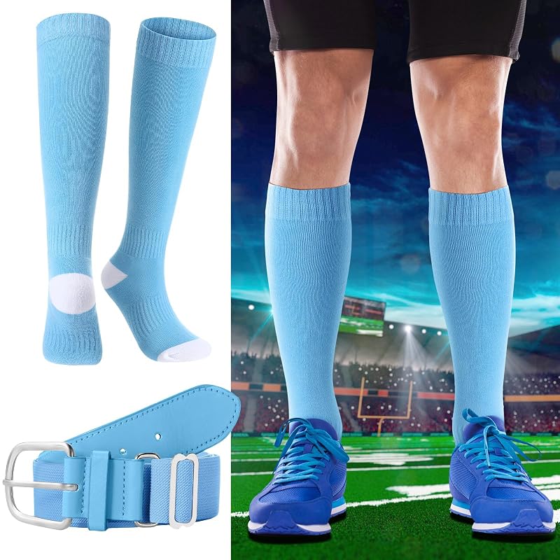 Light Blue Baseball/Softball Sock and Belt Combo Set - Youth & Adult Sizes, 2 Socks + 1 Belt