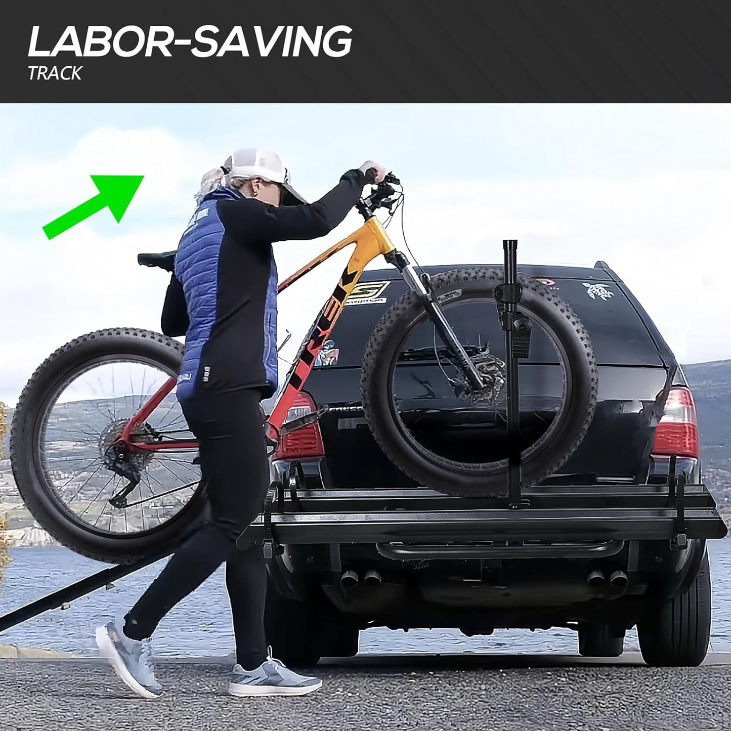 2 EBike Rack with Ramp, up to 5" Fat Tire Carrier, Foldable & Lockable Electric Bicycles Racks, 200 LBS Capacity Bike Racks Platform for Standard, Fits 2" Hitch for Trucks SUVs Cars Vans