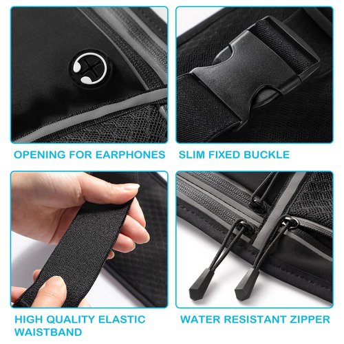 ANBEKO Running belt for Men Women with Extender Large Capacity Runner Waist Pack with 4 PocketsHiking Travel Camp Running Workout Belt BagReflective No Bounce Waist BagEasy Carry Large Phones black