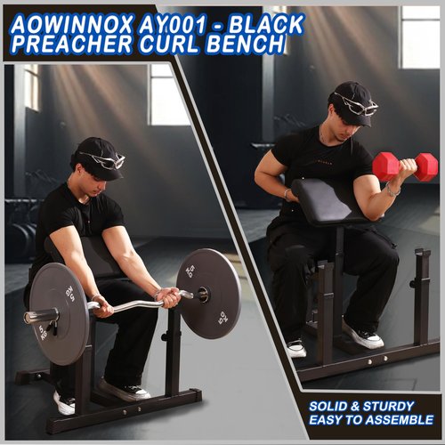 AOWINNOX Fitness Black Adjustable Arm Preacher Curl bench, Bicep Tricep Curl Machine, Seated trenghthen Training Isolated Barbell Dumbell Station for Home Gym