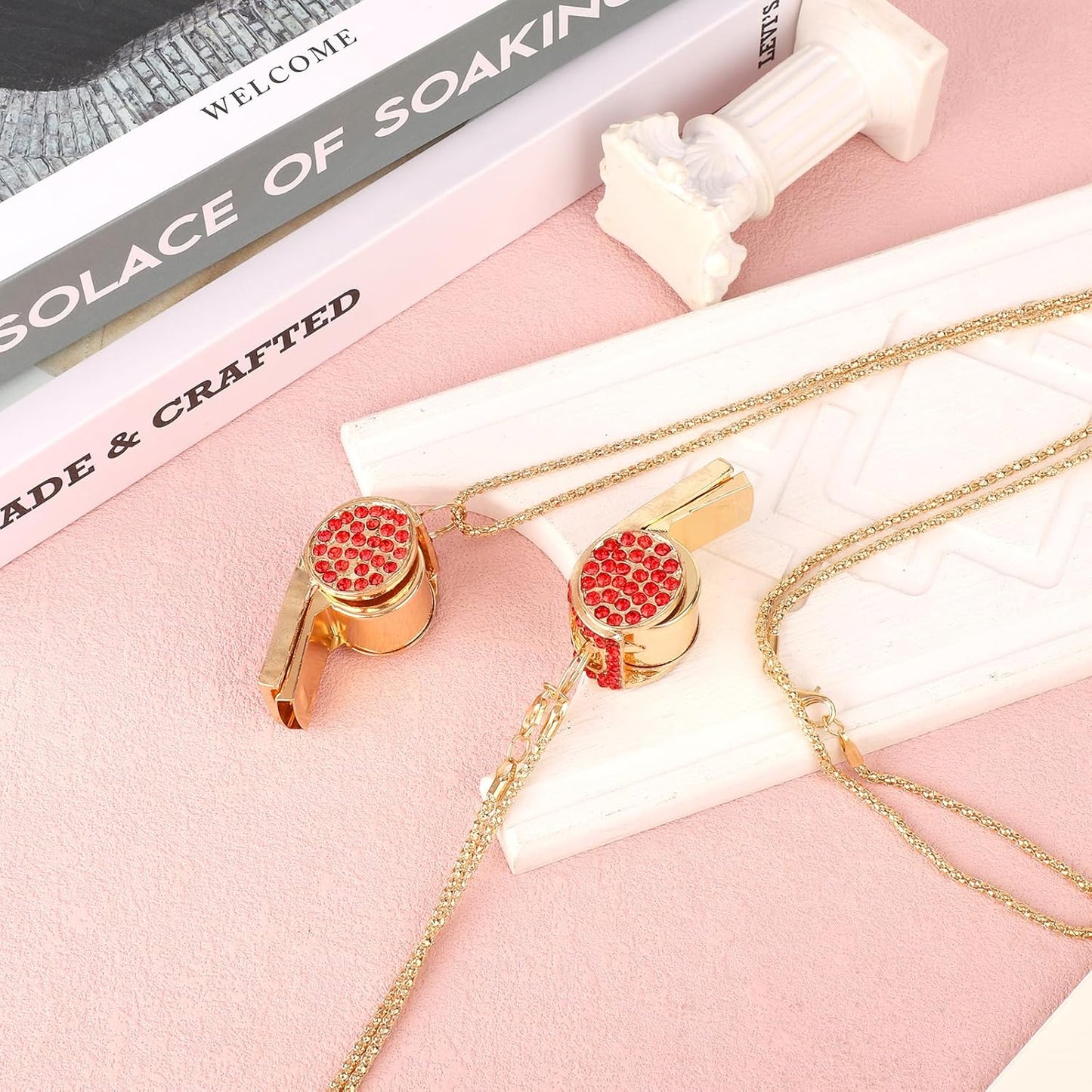 2pcs Bling Whistle, Metal Crystal Rhinestone Whistles Loud Crisp Sound Sports Whistle with Chain Lanyard Gifts for Teacher Referee Official Lifeguard Basketball Training (Gold, Red)