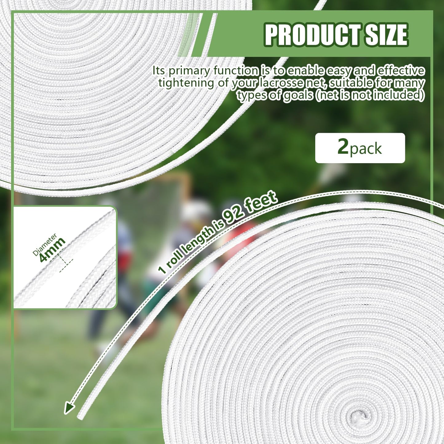 2 Pcs 92ft 4mm Lacrosse Net Lacrosse Goal Net Lacing Cord Long Lacrosse Goal Net Lacing Rope Easy Installation for Soccer Garden,Playground Net Backyard Collegiate Youth Net Not Include(White)