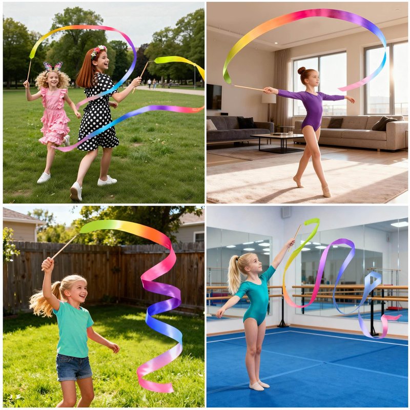 Cikyner Gymnastics Ribbon - 2 Pack Colourful Rhythmic Gymnastics Bands with Premium Beech Sticks | Rainbow Dance Ribbons for Kids, Girls Birthday Party & Easter Gifts | Perfect for Home, School Play