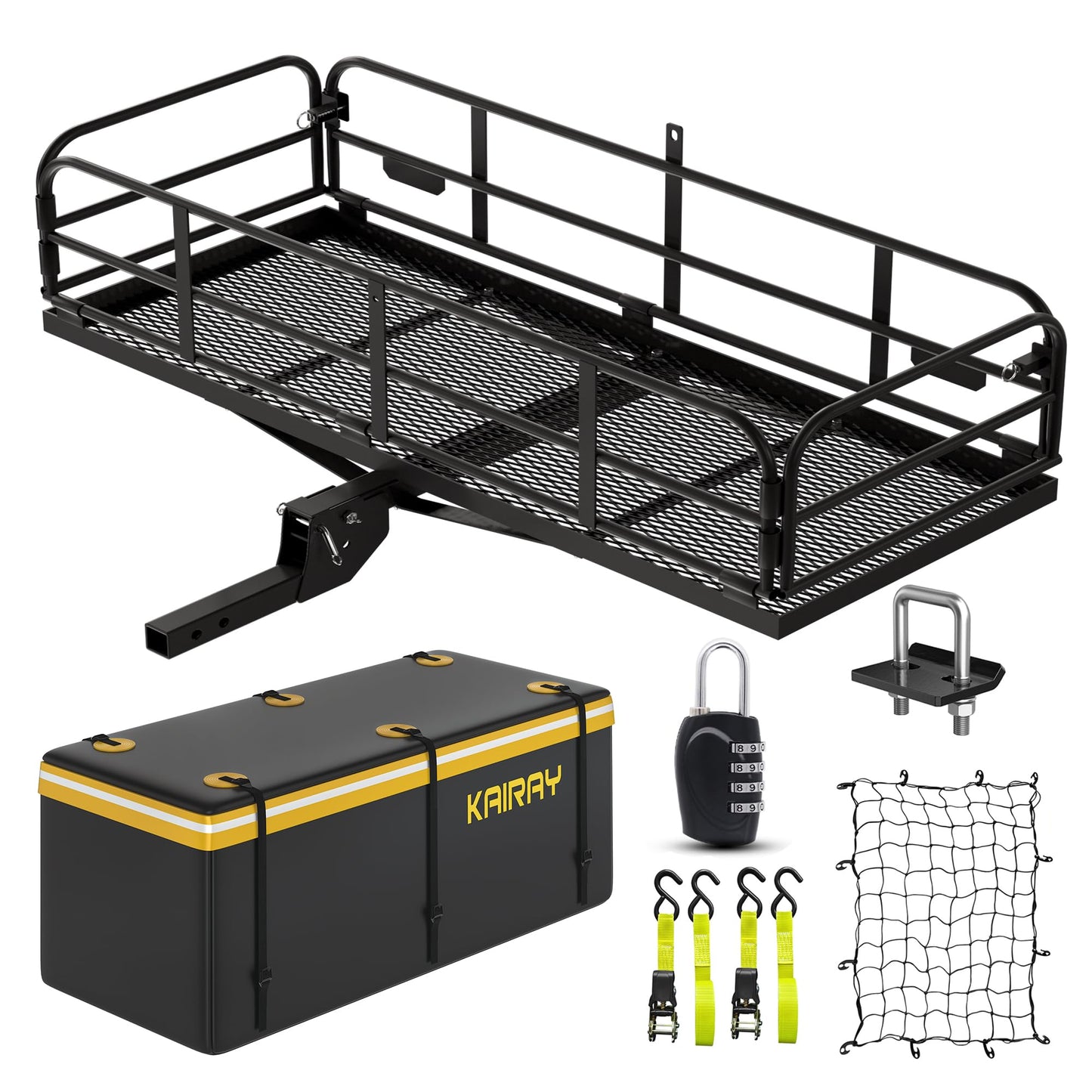 KAIRAY 500 Lbs Heavy Duty Hitch Mount Cargo Carrier 60"x24"x14.4" Folding Rear Luggage Rack Basket Fits 2" Receiver for Car SUV Camping Traveling with Stablizer Waterproof Bag Net Ratchet Straps Lock