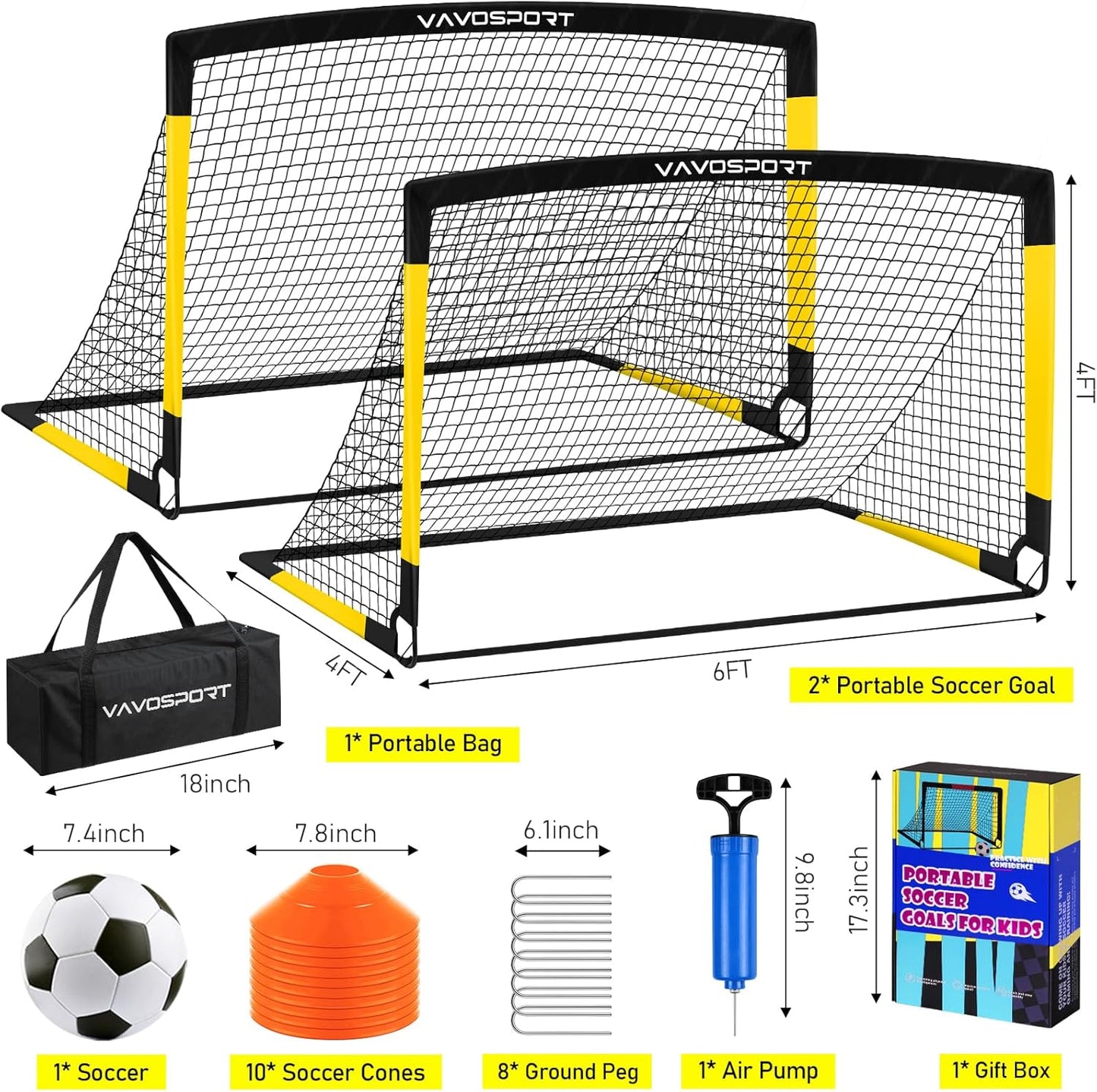 Kids Soccer Goals for Backyard Set, 2 of 4x3 / 6x4 ft Portable Soccer Goal Nets, Pop Up Mini Toddler Soccer Net Training Equipment & Ball, Cones for Ages 3-14, Outdoor Games Gifts for Youth