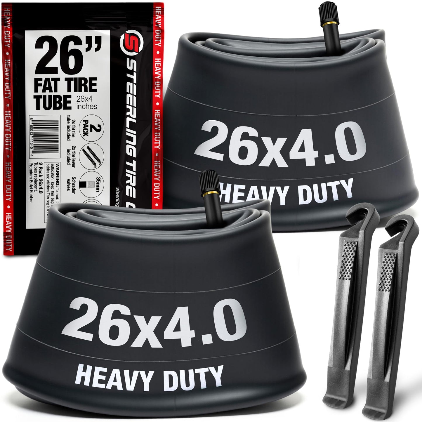 26x4.0 fat bike tube set (2 pack) - Heavy Duty replacement for E-Bikes with 26x4.0 fat bike tires tube wheels. Schrader Valve with 2 Tire Levers Included. Inner Tube for 26 inch Ebike Electric Bicycle