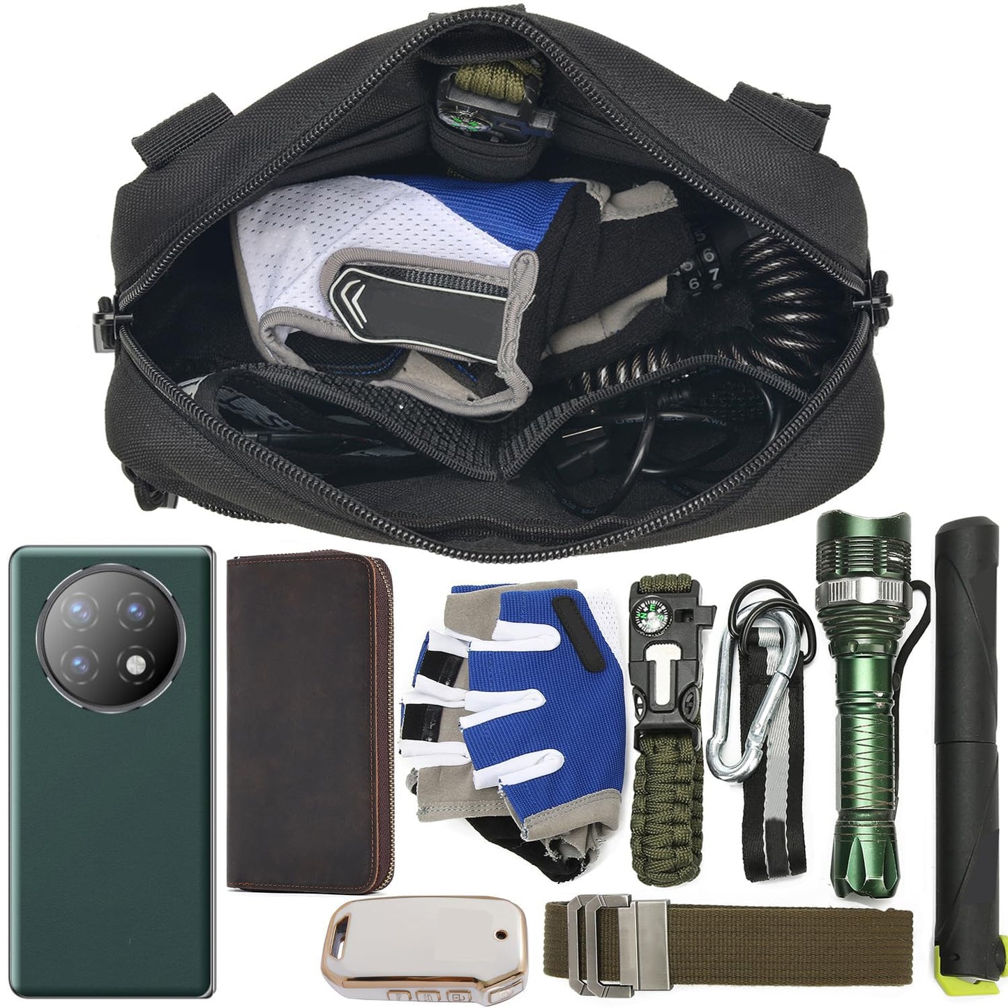 2 Pack Tactical Molle Admin Pouch with US Flag Patch and Keychain - Utility Laser Cut Tactical EDC Tool Pouch Bag Horizontal Modular Pouches Utility Tool Pouch (Black)