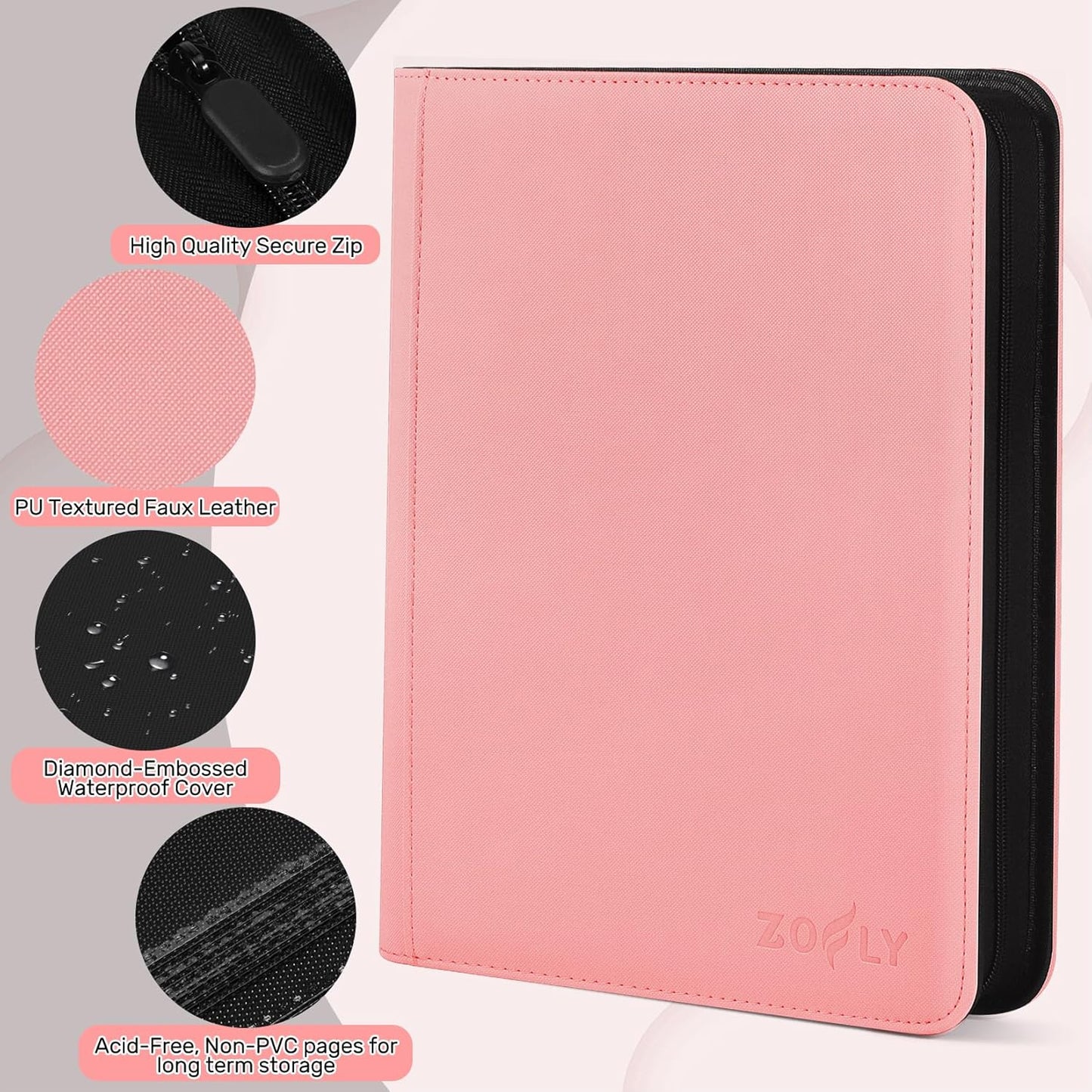 12 Pocket Card Binder, Zipper Trading Card Binder, 720 Large Capacity Side Loading Non-Ring Card Album, Double Sided Acid-Free Card Protector Binder, Card Collection for TCG, MTG, Sport Card, Pink