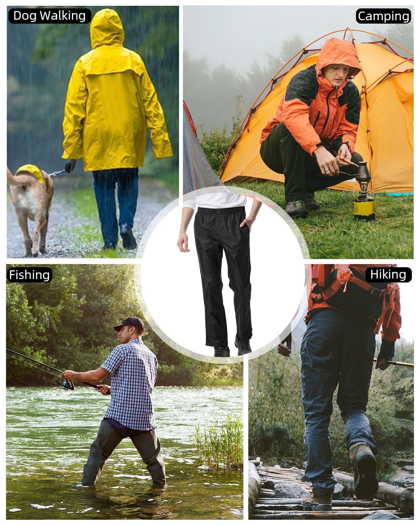 iCreek Men's Rain Pants Waterproof Over Pants Windproof Lightweight Hiking Pants Work Rain Outdoor for Golf, Fishing (Black, XX-Large/28 Inseam)