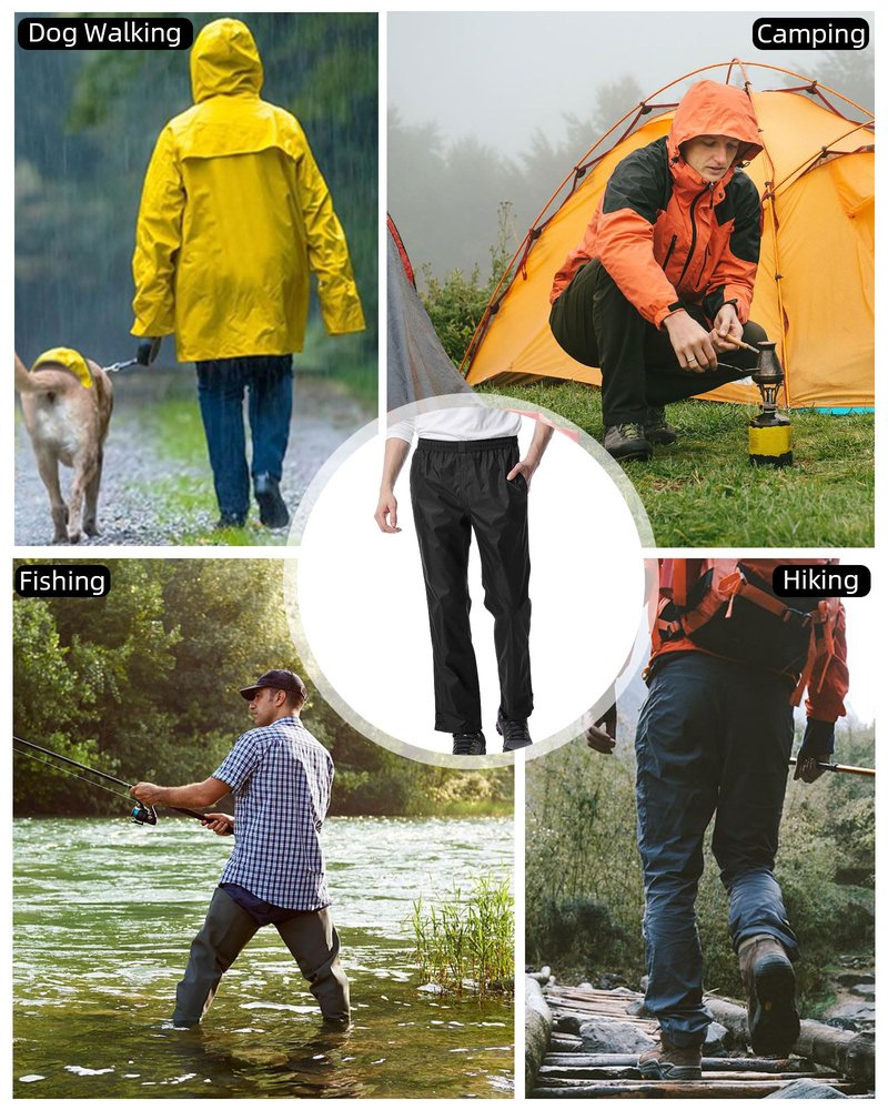 iCreek Men's Rain Pants Waterproof Over Pants Windproof Lightweight Hiking Pants Work Rain Outdoor for Golf, Fishing (Black, XX-Large/28 Inseam)
