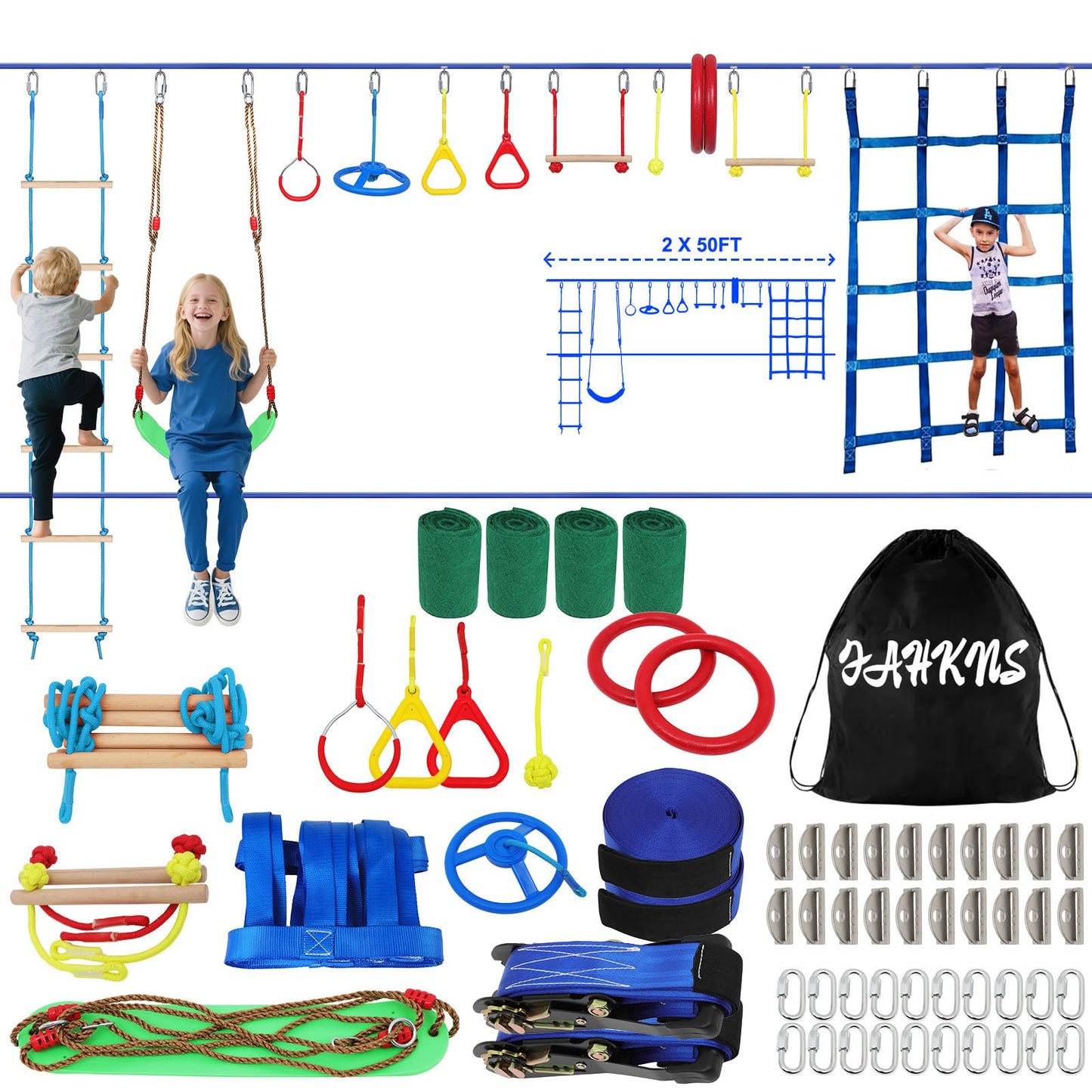 2x50 Ft Ninja Obstacle Course Kit for Kids with Slackline and 13 Fun Accessories Including Climbing Net, Rope Ladder, Monkey Bars, Ninja Obstacle Course for Kids Ages 3+ with 440lbs Weight Capacity