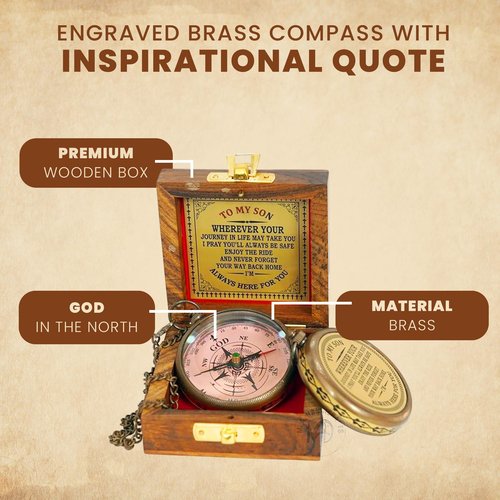 to My Son Engraved Compass – “Wherever Your Journey May Take You” – Christian Gift for Son – Graduation, Baptism, Birthday Keepsake – Antique Brass Compass with Wooden Box