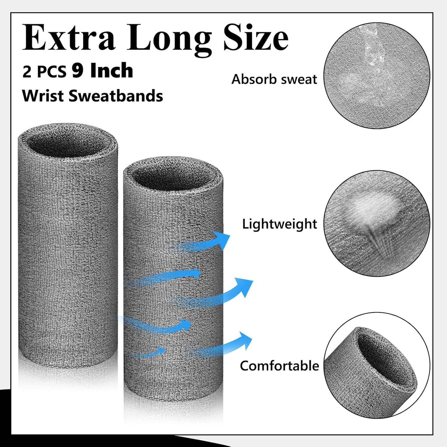 2 Pcs 9 Inch Long Wristbands Sweatbands Black Large Sweat Bands Wristbands Wrist Sweatbands Bulk Arm Sweat Bands for Men Women Weight Loss Football Workout