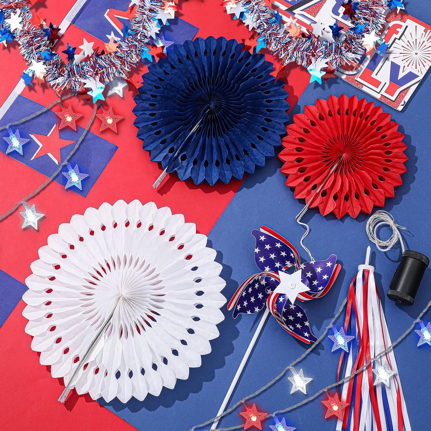 17pcs 4th of July Bike Decorations Patriotic Bicycle Decor Set Bike Wheel Lights LED Star String Light Tinsel Garland Streamer USA Flags Banner Independence Day Kids Bike Parade Red White Blue