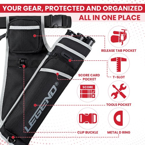 LEGEND First Archery Quiver Case for Arrows - Right Handed Target Shooting Hip Quivers with Adjustable Belt & 3 Arrow Tubes - Durable T-Slot & Storage Pockets for Accessories & Score Card - Black/Grey