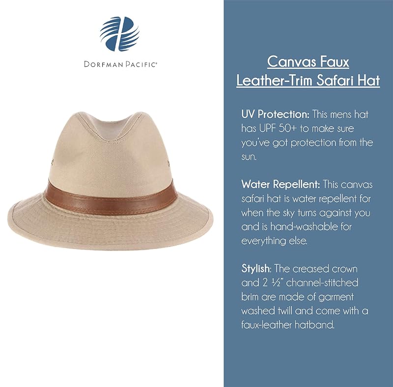 Olive Large-XL Dorfman Pacific Men's Canvas Safari Hat with Faux Leather Trim