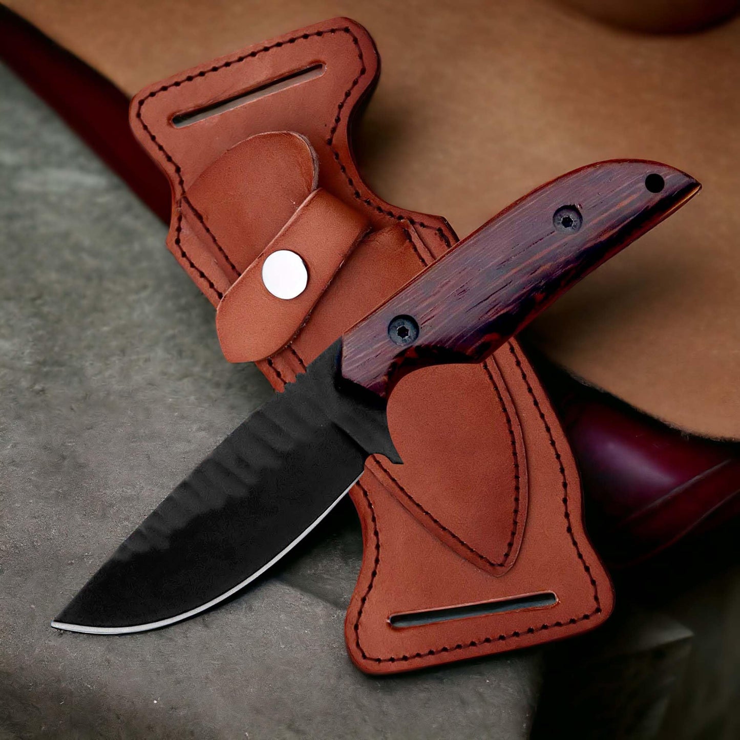 Kelani Fixed Blade Skinner – 1095 Steel, 8" Overall, Snake Wood Handle, Leather Sheath – Cowboy Knife for Hunting & Tactical Gear