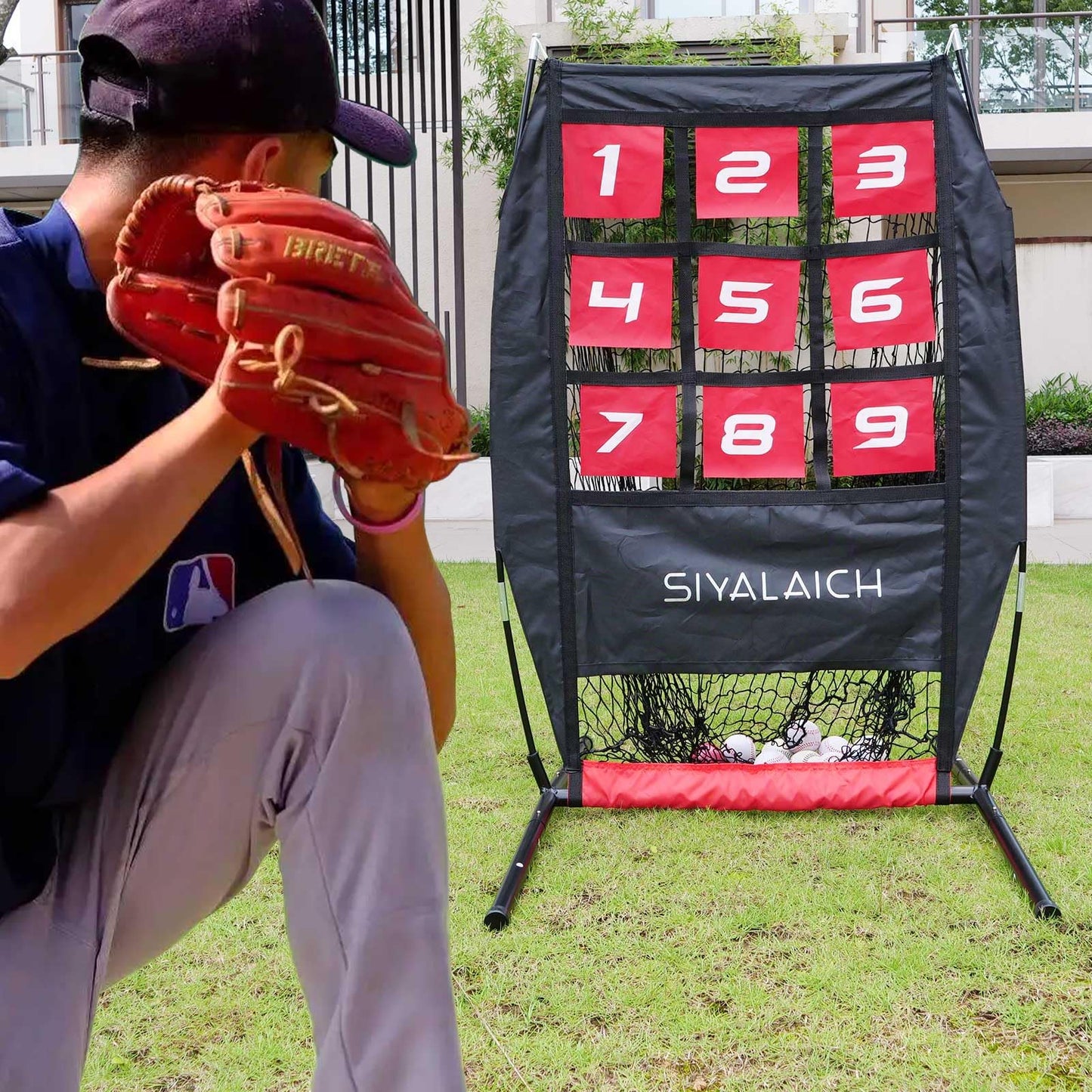 SIYALAICH Ultimate Portable Pitching Target Net for Baseball, Softball & Football | Pro-Tested Practice System with Numbered Strike Zone | Includes Carry Bag & Enables Quick Assembly(Black/Red)