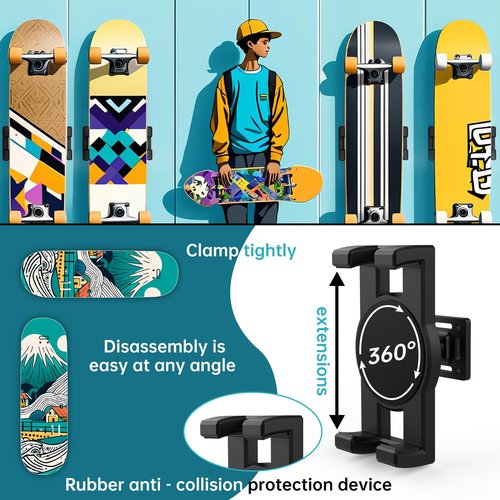 ZIDIHUB Swivel Skateboard Wall Mount, 360° Skateboard Deck Wall Mount, Suspended Display Hanger Grab, Suitable for Any Skateboard Shop and Enthusiast, Collector (1 Set)