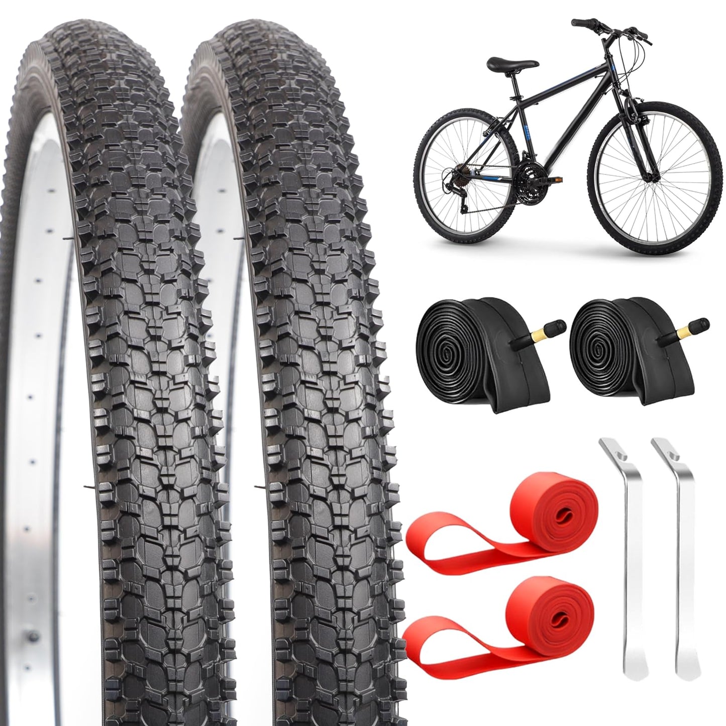 2-Pack Mountain Bike Tires Set | 26x1.95/2.125 Inch Foldable Replacement Tires with Tubes & Tire Levers | All-Terrain MTB Tire for Trail, Road, Beach & Snow
