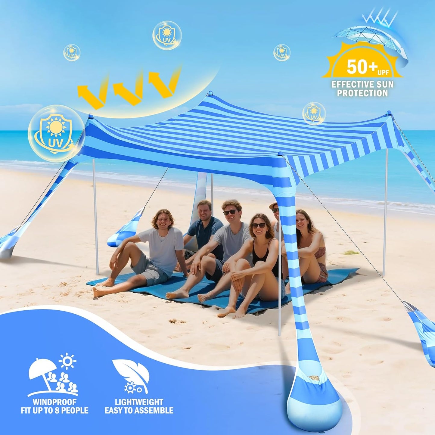 2PM SPORTS Beach Tent Canopy with UPF50+ UV Protection, Outdoor Large Beach Sun Shade Shelter for Family Picnic Camping Travel Shore Fishing, 8 Sandbags, Sand Shovel (Navy Blue, 10x10 FT)