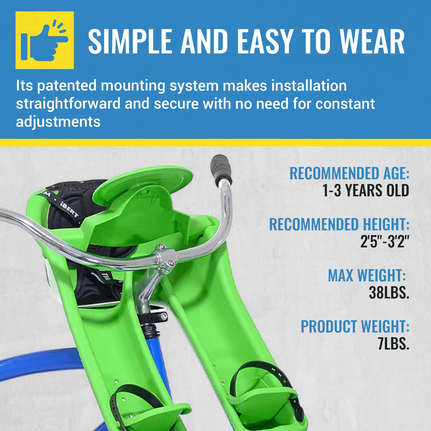 iBert Front Mounted Child Seat - Green - Comfortable Child’s Bike Seat for Sunny and Rainy Days - Baby’s Bike Seat with a Secure Harness and Height Adjustable Foot Cups for Family Biking Adventures.