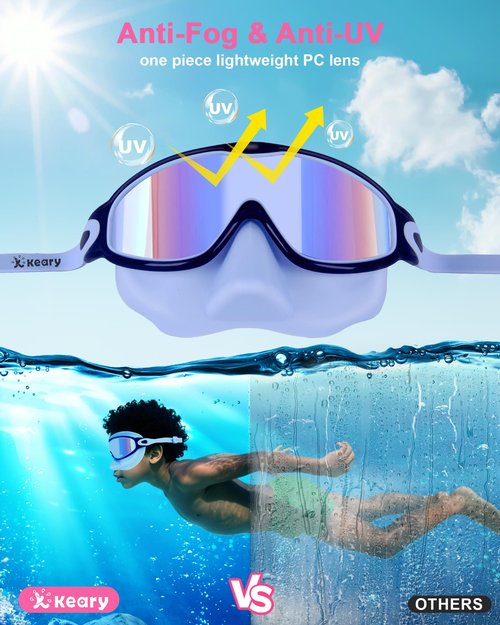 Keary Kids Swim Goggles with Nose Cover Swimming Goggles for Kids 6-14 8-12 Age 4-7 3-6 Toddler Boys Girl Youth Child Snorkel Mask Anti Fog Diving Masks Pool Water Glasses Round Frame Leakproof