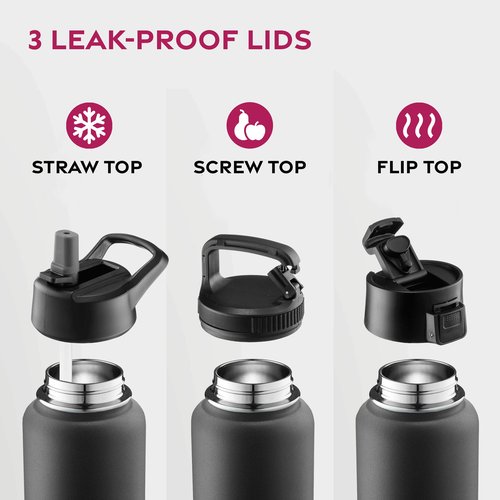 FineDine 25 Oz Insulated Water Bottle with Straw - Triple Walled Stainless Steel Metal Bottle W/ 3 Leak Proof Lids - For Travel, School, Sports, Gym/Men, Women & Kids - Inky Raven Black