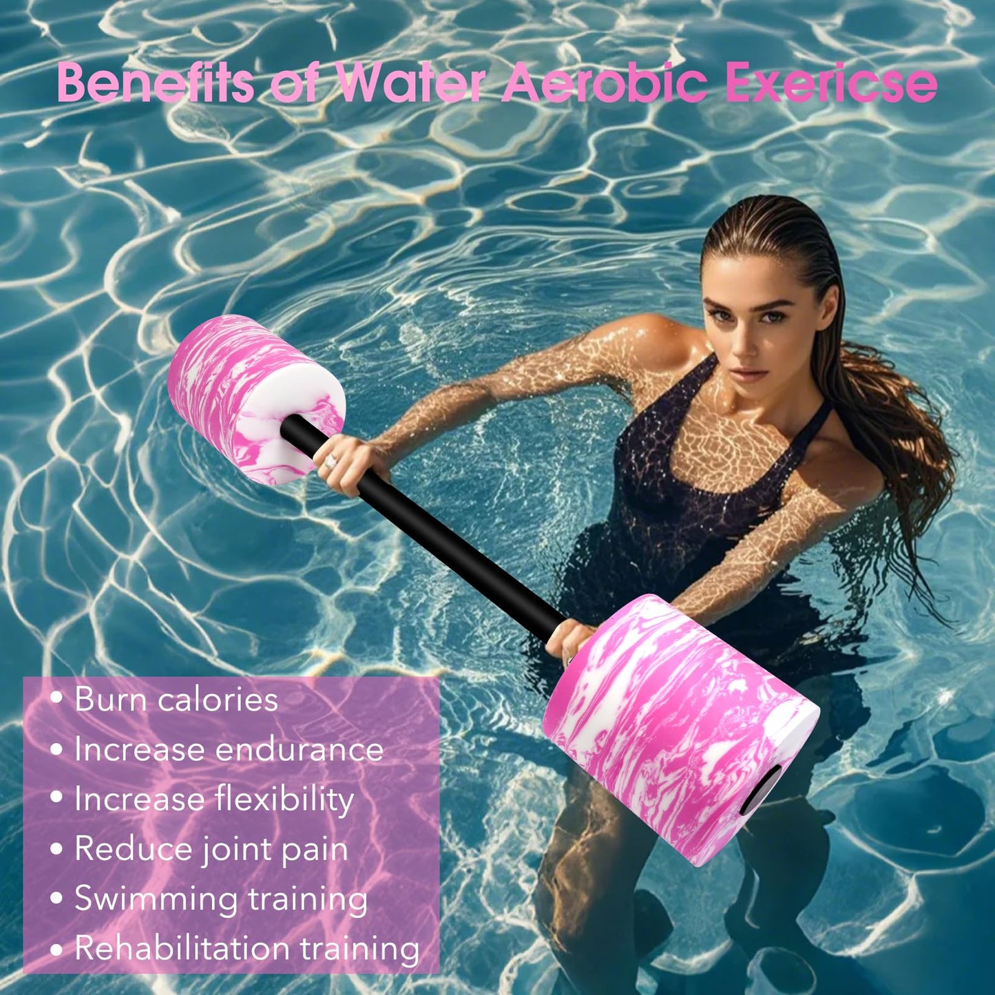 IEBIYO 29.3’’Aquatic Exercise Equipment Swim Barbell High Density EVA Foam Pool Barbell Swim Dumbbell with Water Exercise Discs Aquatic Fitness Equipment (Pink&White)