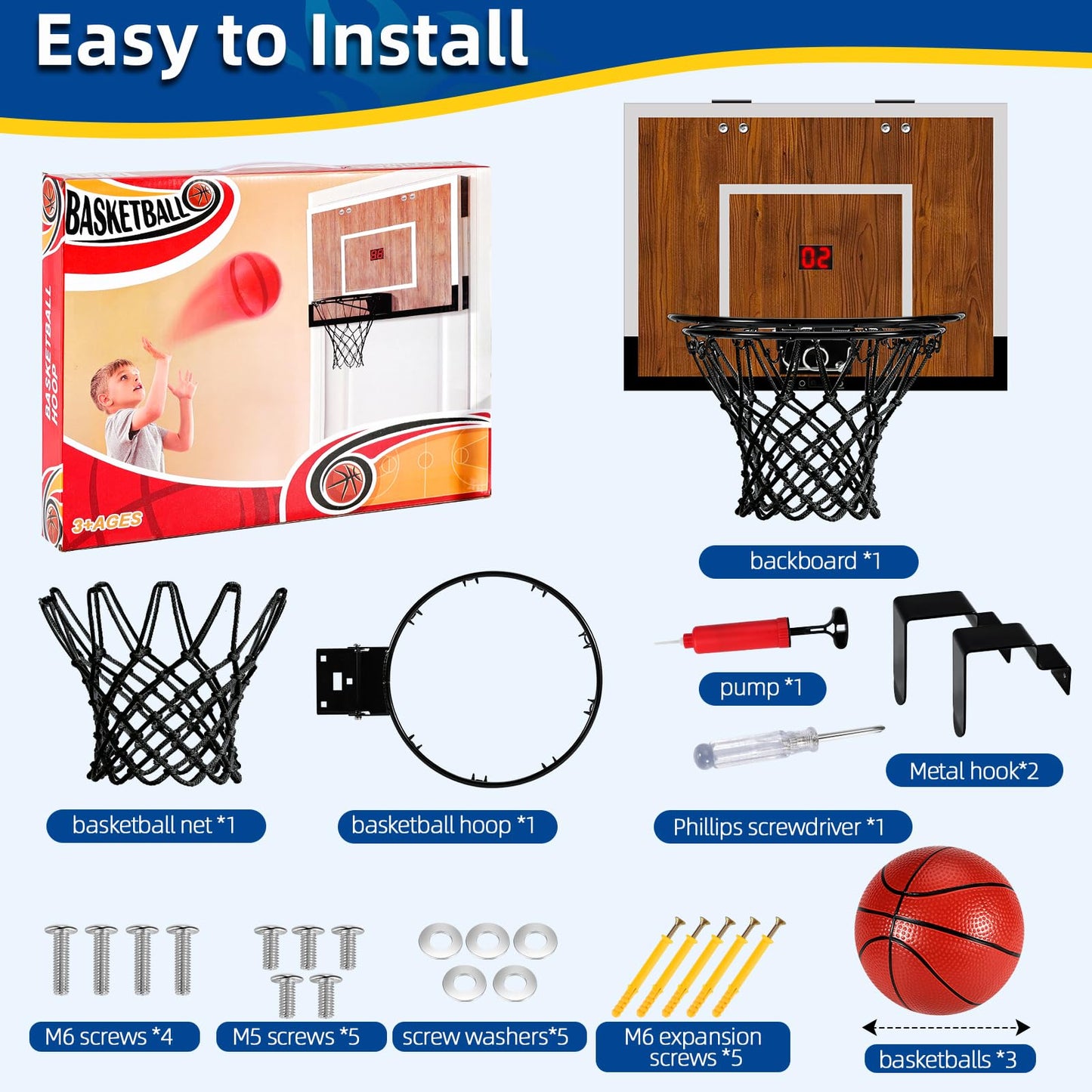 Laapee Indoor Mini Basketball Hoop Set, Over The Door/Wall Mounted with 16"x12"x3" Solid Wood Backboard, Digital Scoreboard, Anti-Shock Door Protection, Includes 3 Mini Basketballs & Air Pump
