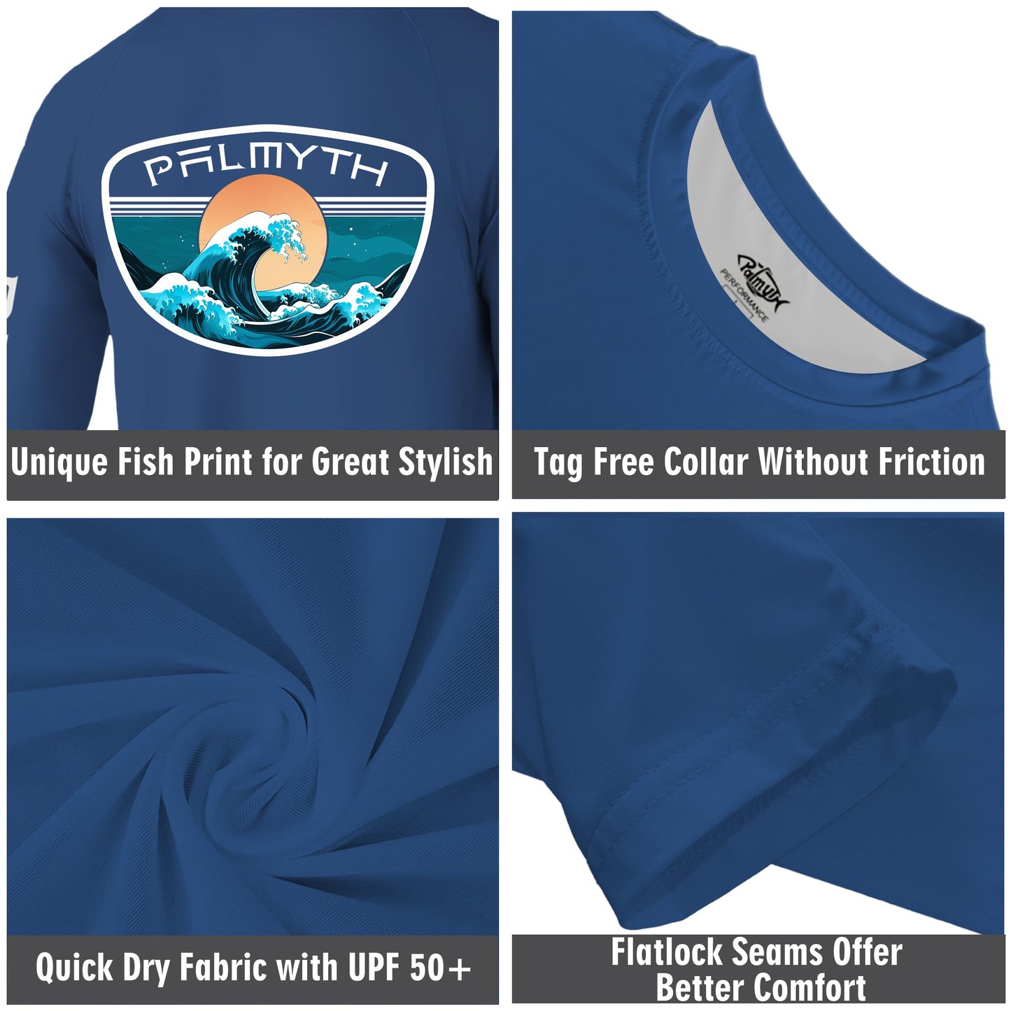 Palmyth Fishing Shirts for Men Long Sleeve UPF 50+ T Shirt Sun Protection Tee (Dark Blue/Tidal, XL)