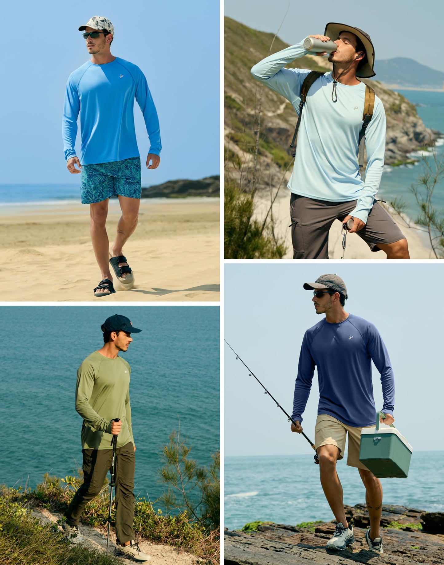 Pudolla Mens Long Sleeve Running Shirts Quick Dry SPF Rash Guard Lightweight Hiking Workout Sun Protection Tee(Khaki L)