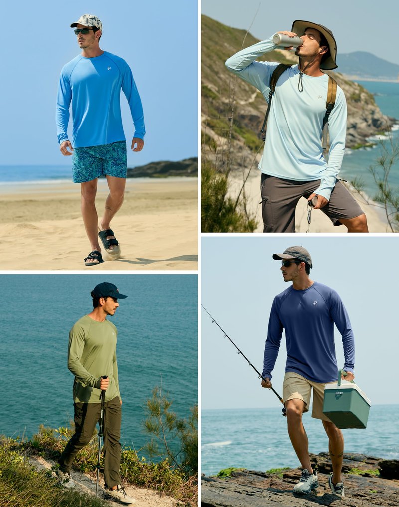 Pudolla Mens Long Sleeve Running Shirts Quick Dry SPF Rash Guard Lightweight Hiking Workout Sun Protection Tee(Khaki L)