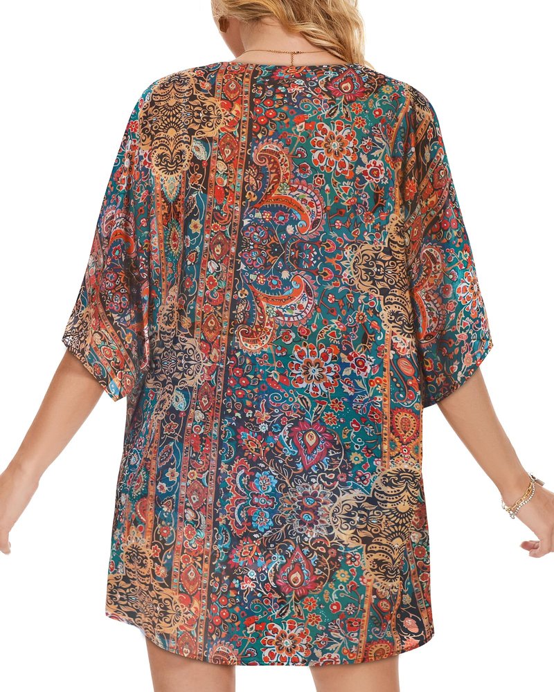 Women's Floral Kimono Print Puff Sleeve Loose Cardigan Cover Up Casual Blouse Tops (Bohemia Print, M)