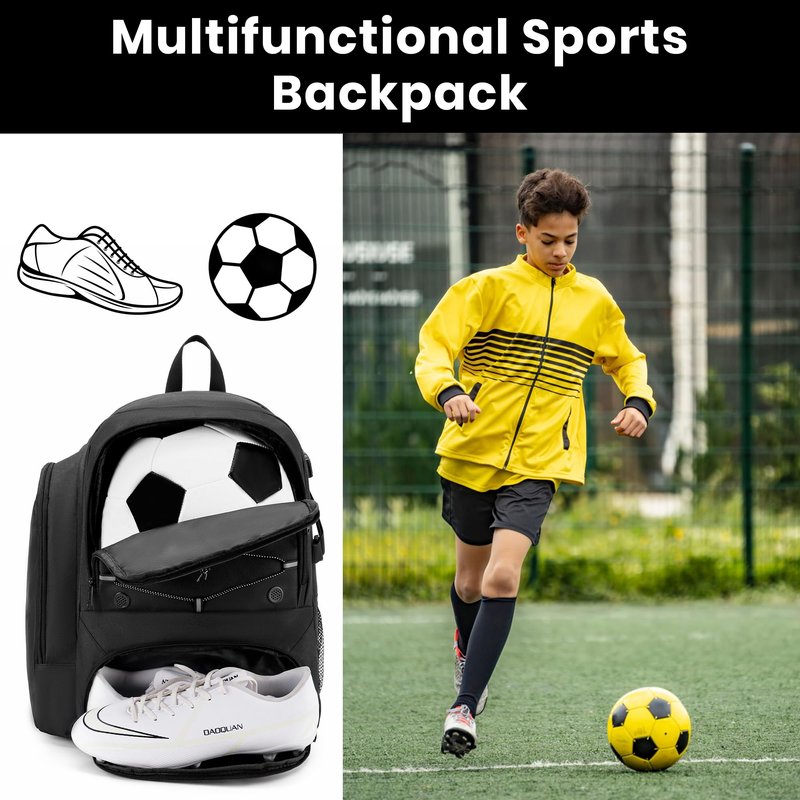 HMLIN OUTOOORS Soccer Backpack with Ball Holder,Youth soccer Bag for Basketball,Volleyball-Includes Separate Shoe Compartment&and Insulation (Black)
