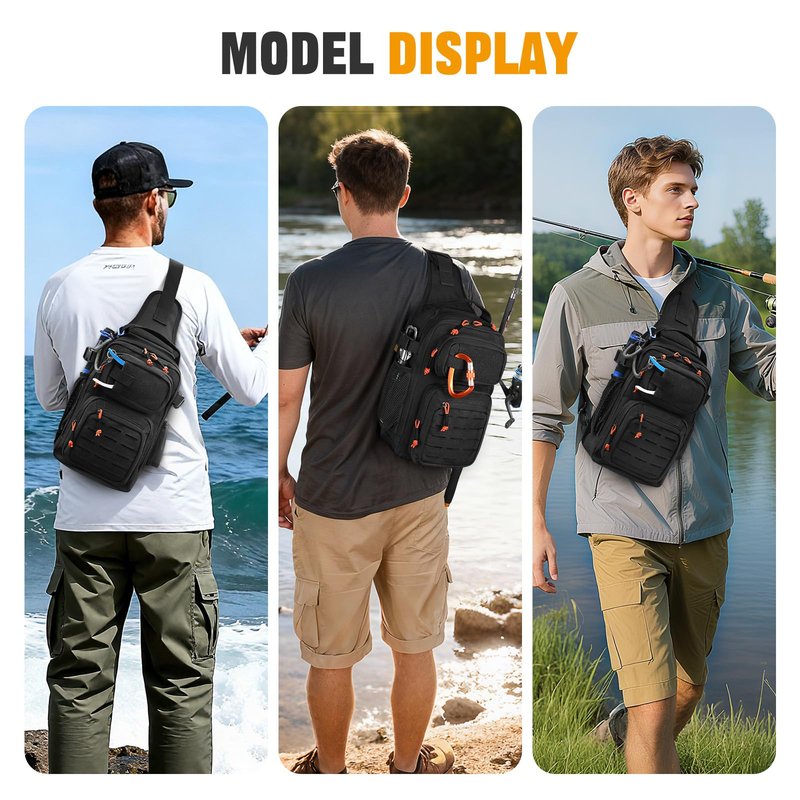 HUNTVP Fishing Sling Bag Lightweight Tackle Bag Small Fishing Backpack Tactical Shoulder Sling Bags with Rod Holder, Storge Gear and Equipment, Gifts for Men (Black)