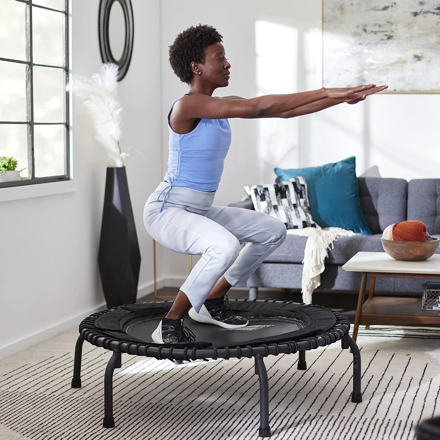 JumpSport Indoor Heavy Duty Lightweight 44 Inch Folding Fitness Trampoline with Arched Legs and 7 Adjustable Tension