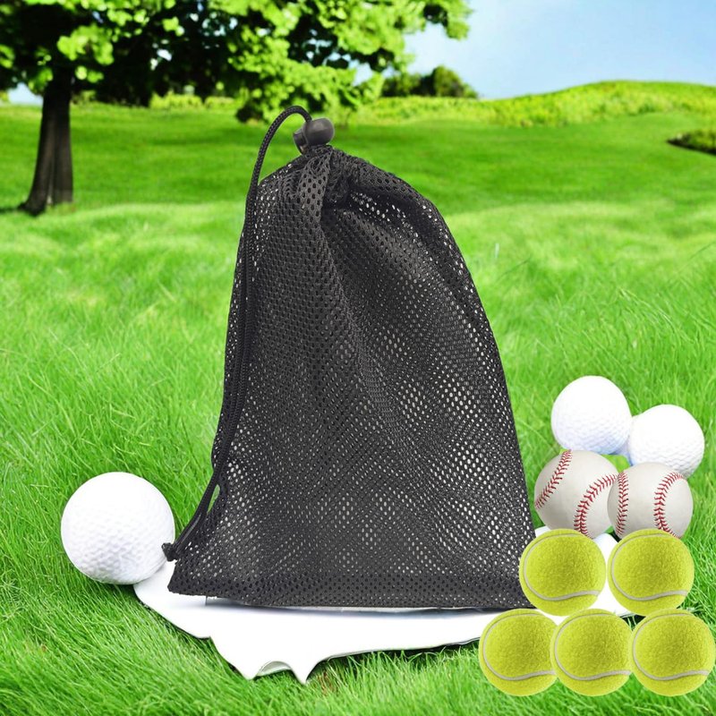 CHENGLAI 6 PCS Mesh Drawstring Bag 12" x 15.7", Durable Sports Equipment Net Bag Multipurpose Mesh Storage Bags for Tennis Ball, Golf Ball, Swimming, Camping and Travel, Black