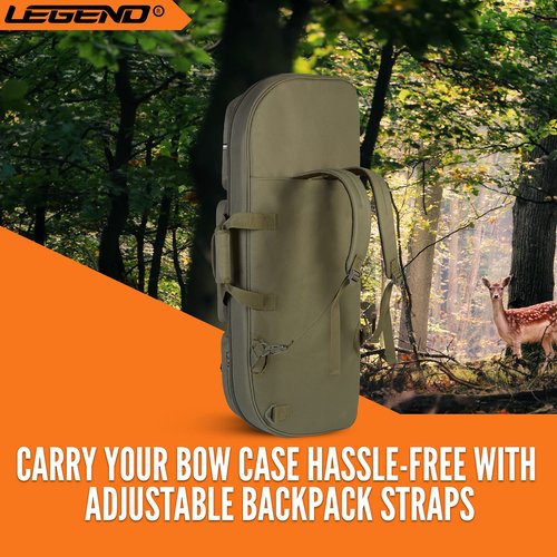 Legend Alpha Compound Bow Case - Fits MTM Ultra Compact Arrow Cases - Archery Bow Bag with Back & Shoulder Straps - With Cam Protectors, Soft Padding, & Extra Pockets 37"x16.5" Interior - Army Green
