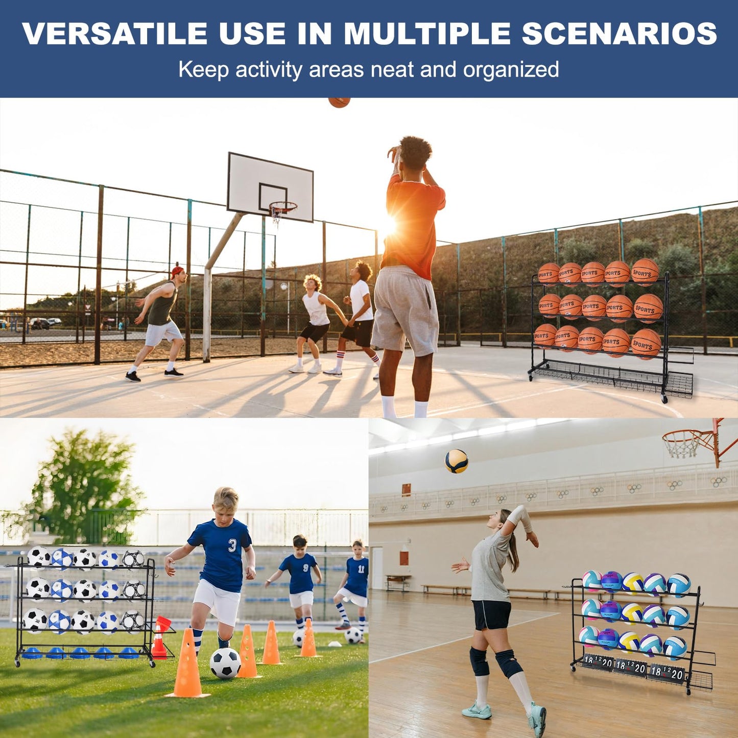 ELKCIP Basketball Rack, Shooting Training Rolling Ball Stand, Garage Organizer with Wheels, 4-Layer Sports Equipment Storage Holder with Baskets and Hooks for Soccer Baseball Footballs Volleyball